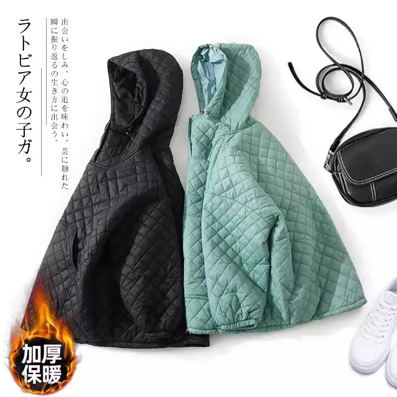 

2024 Spring Autumn Winter Women's Hooded Coat Pullover Warm Diamond Grid Lightweight Down Cotton Jacket Z4983