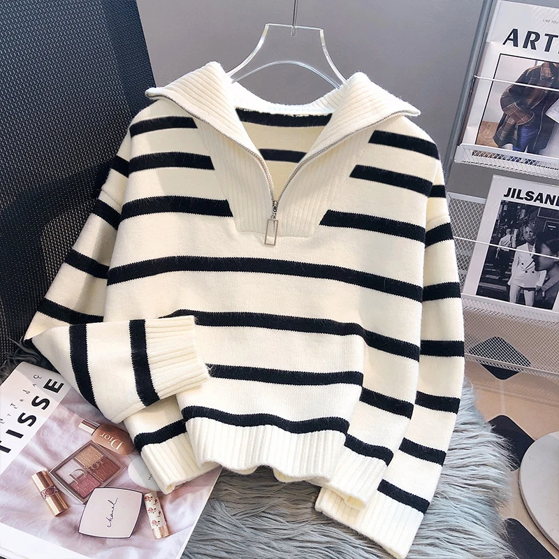 Maglione lavorato a maglia casual allentato a maniche lunghe con cerniera a righe moda autunno inverno per donna