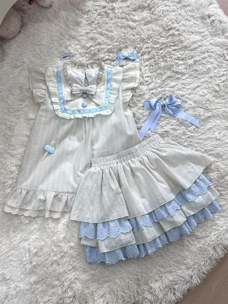 Summer Fresh Sweet Girl Skirt Set Women Kawaii Lace Bow Ruffle Tops  Y2k Cake Mini Lolita Aesthetic Fashion 2 Piece Set New