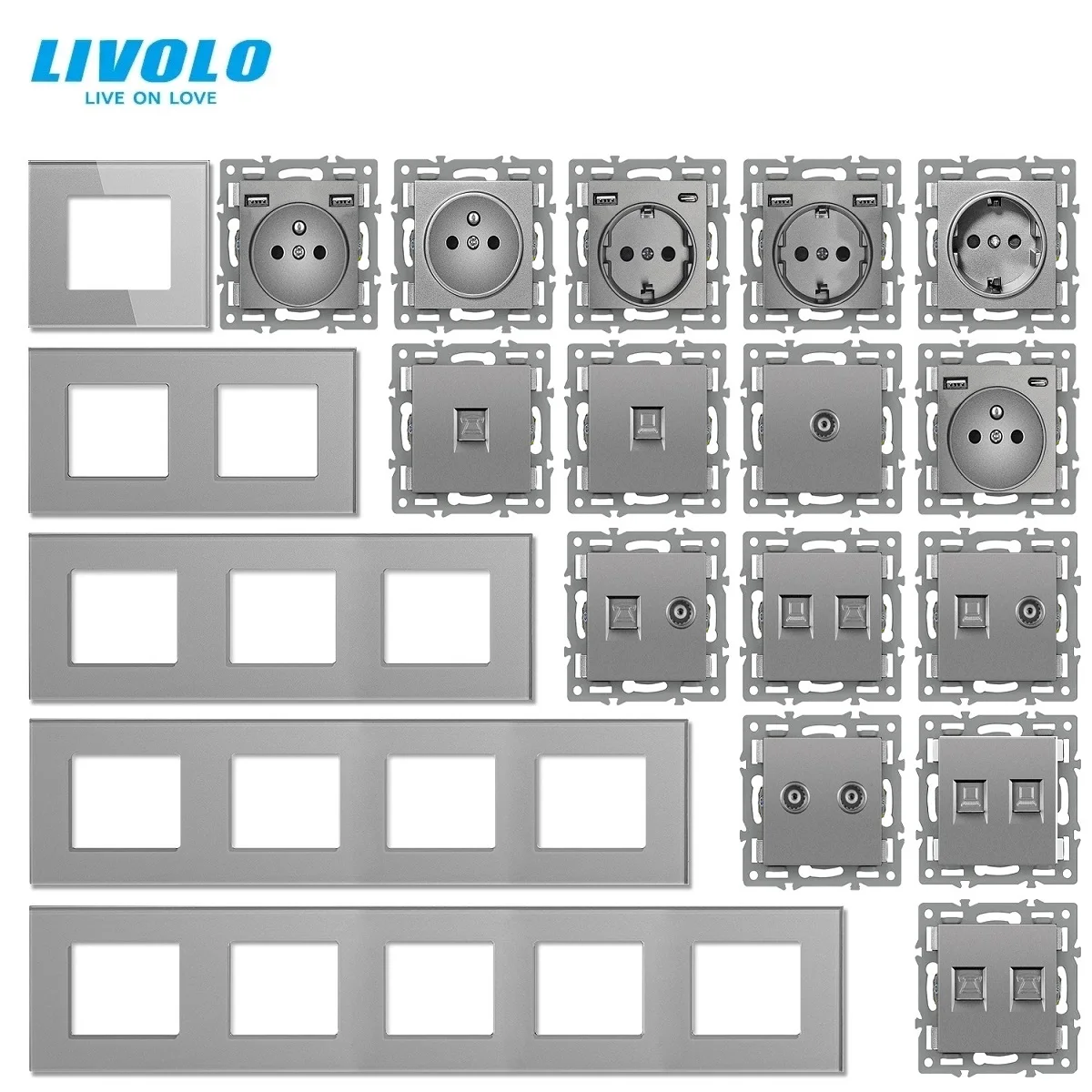 Panel de Vidrio Templado Livolo, Estándar Europeo, Panel de Cristal para Interruptor Táctil de Pared, Enchufe, Módulo DIY con Orificio Cuadrado