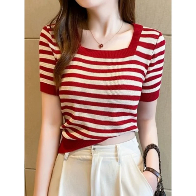 

Striped square neck short sleeved women's summer contrasting ice silk knit sweater slim fit and slimming short top
