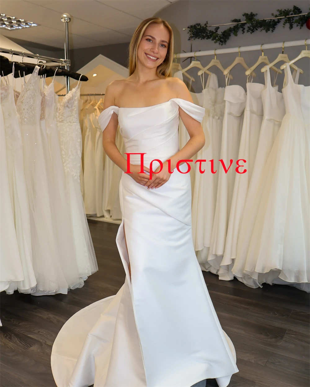 

Customized Modern White Satin Wedding Dress Exquisite Strapless Off the Shoulder Short Sleeves Chapel Train Vestido De Novia