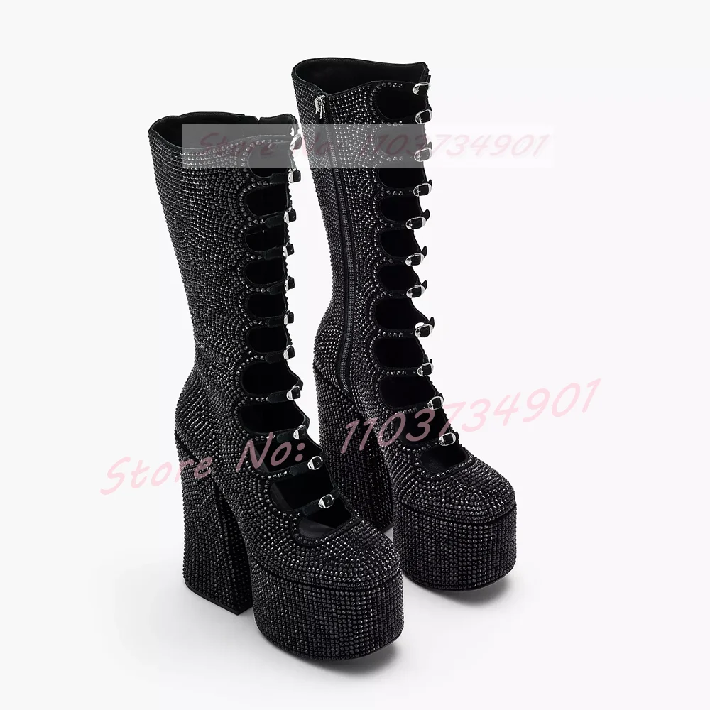 Studded Crystals Platform Buckle Strap Boots Hot Girls Fashion Block High Heels Knee Length Boots Women Party Lolita Punk Shoes