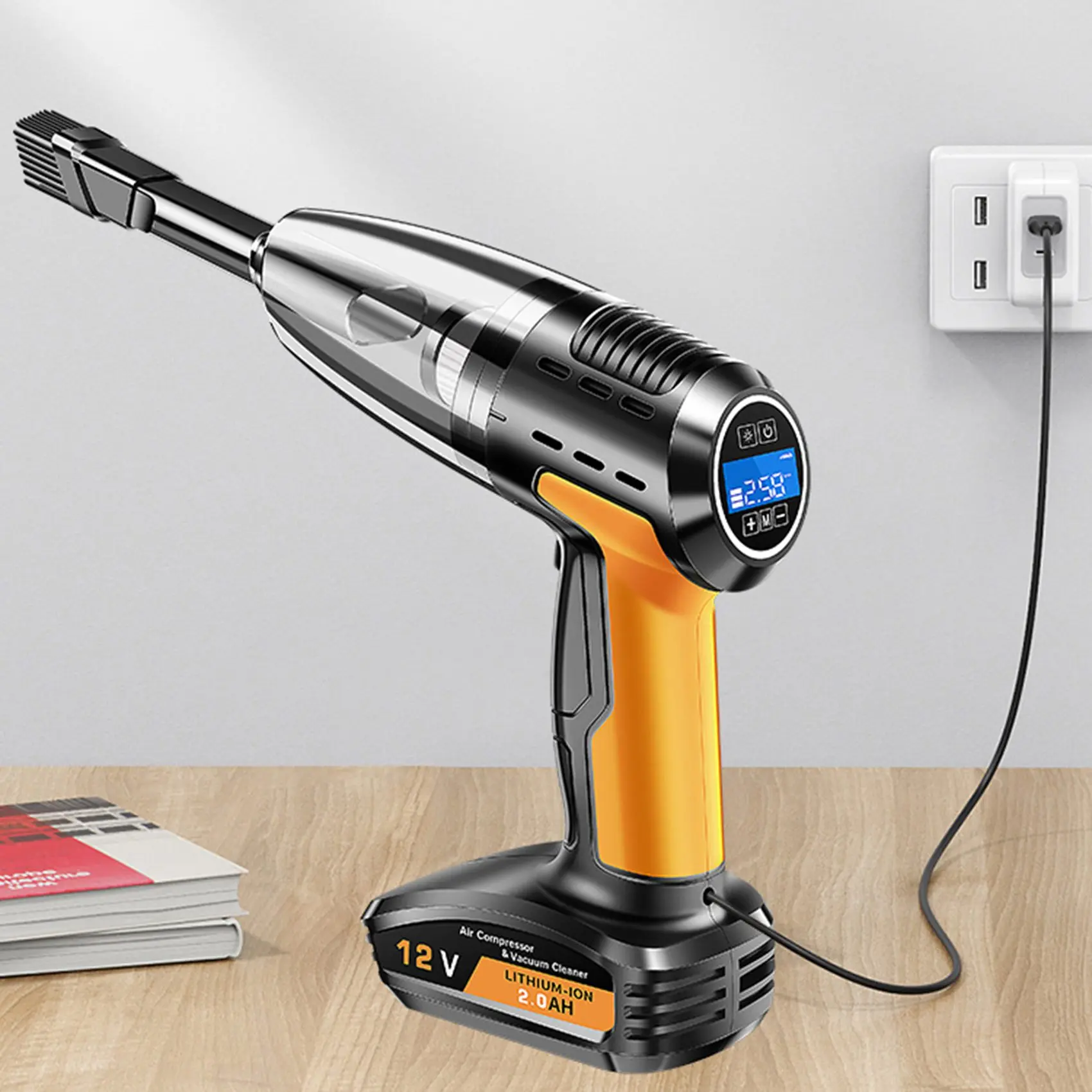 A13Z-Car Vacuum Cleaner Cordless Tire Inflator Pressure Gauge Vacuum Rechargeable Air Compressor Pump