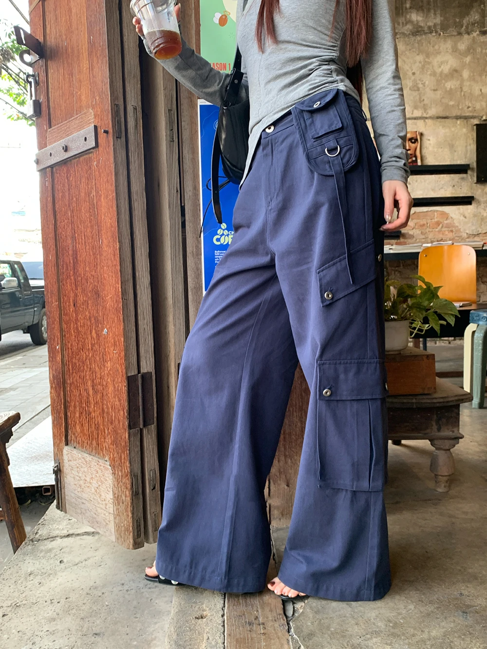 

American Workwear Style Wide Leg Pants Women Loose Slimming Design Spicy Girl Multi-Pocket Casual Trousers CleanFit Cotton