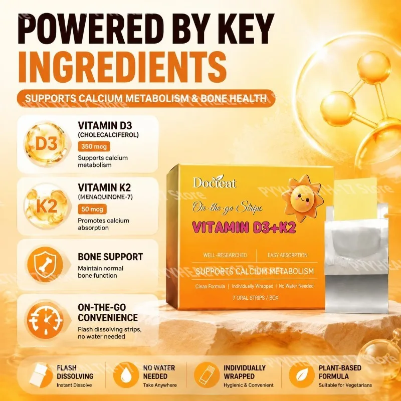 Vitamin D3 K2 Oral Strips Flash Dissolve Vitamin Supplement with Cholecalciferol & MK-7 on-The-Go Nutrition 7 Strips