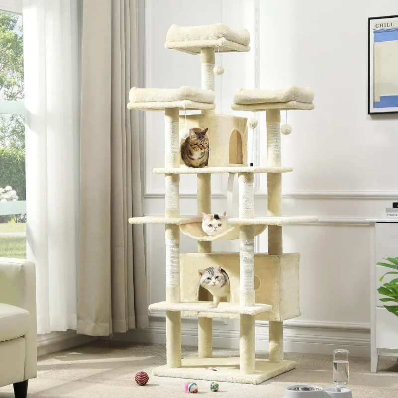 

67" Large Cat Tree, Multi-Level Cat Tower with 3 Top Perches, 2 Plush Condos, Scratching Posts, Stable Activity Center