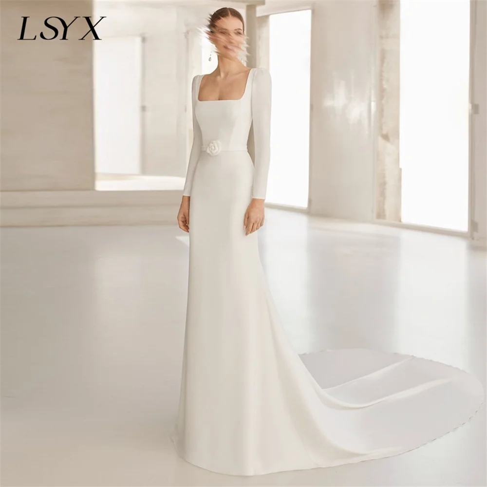 LSYX Customized Simple Square Neck Long Sleeves Crepe Mermaid Wedding Dress Cut Out Back Floor Length Court Train Bridal Gown