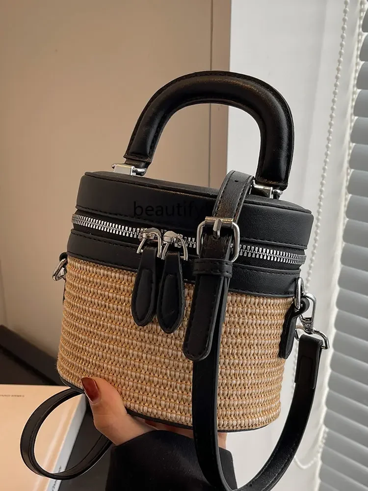 zq Hand-Woven Bag Women's Fashionable Shoulder Handbag Summer All-Matching Crossbody Bucket Straw Bag