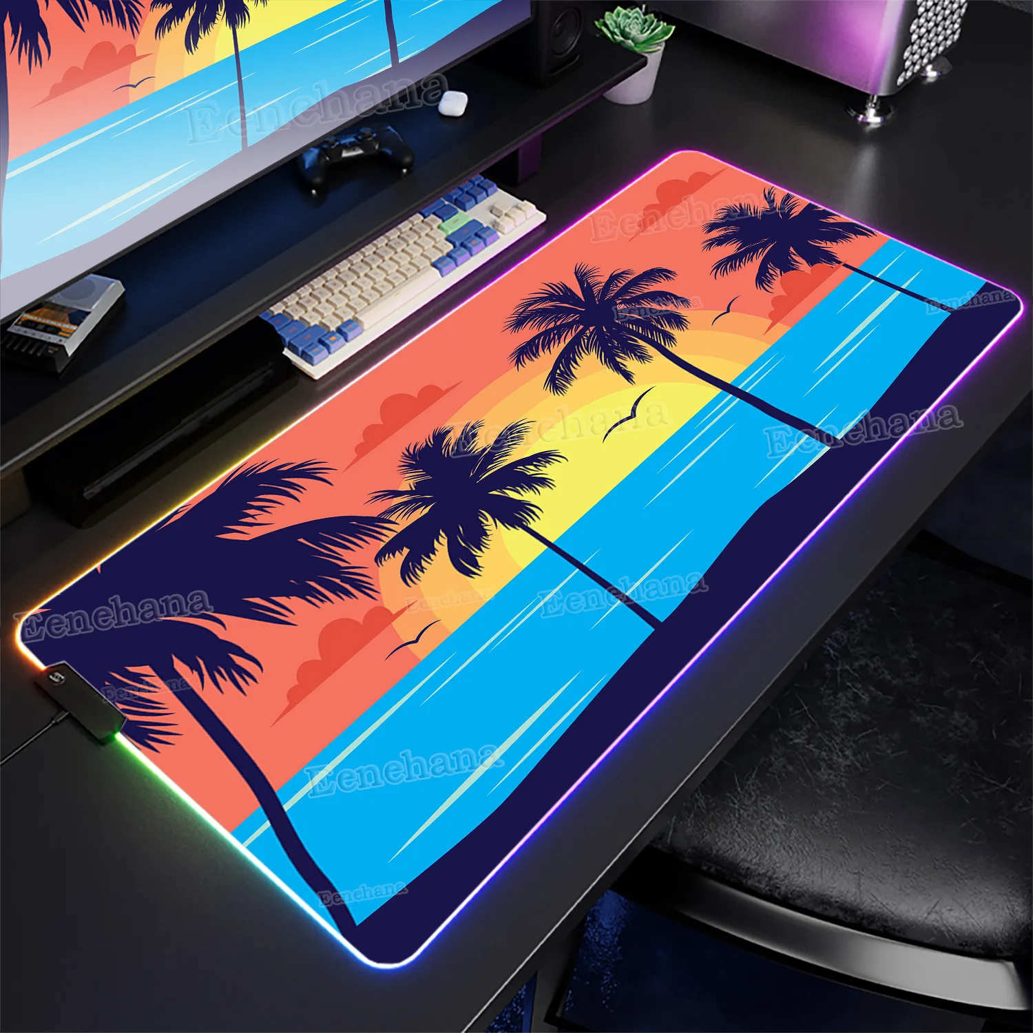 

RGB кокосовая пальма, большой коврик для мыши, пейзажная подсветка, игровые аксессуары для ПК, солнечная светодиодная клавиатура для ноутбука, Kawaii Gamer XXL, настольный коврик в стиле аниме