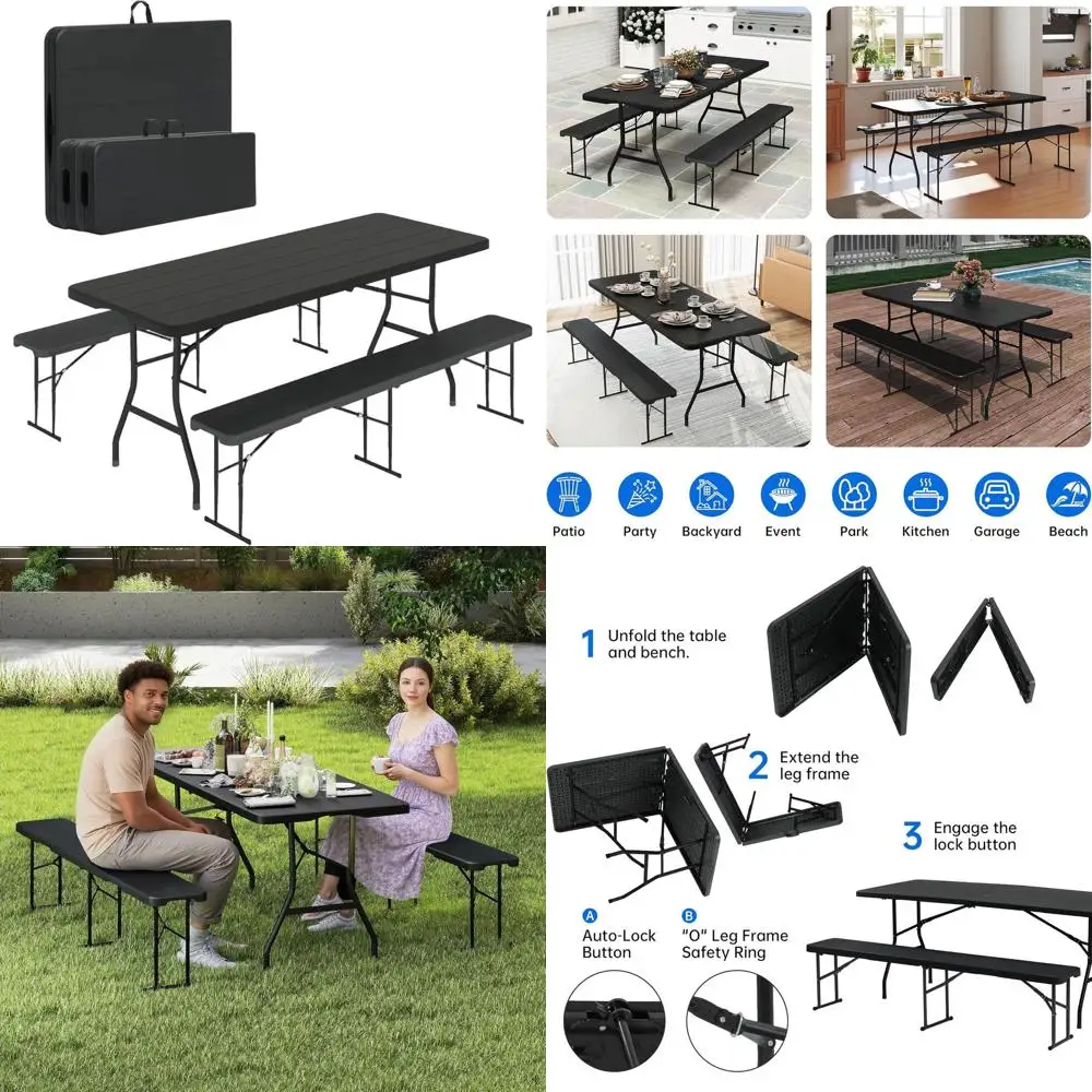 

6-Piece Black Outdoor Picnic Table Set with Benches for Patio, Lawn, Events, and Camping