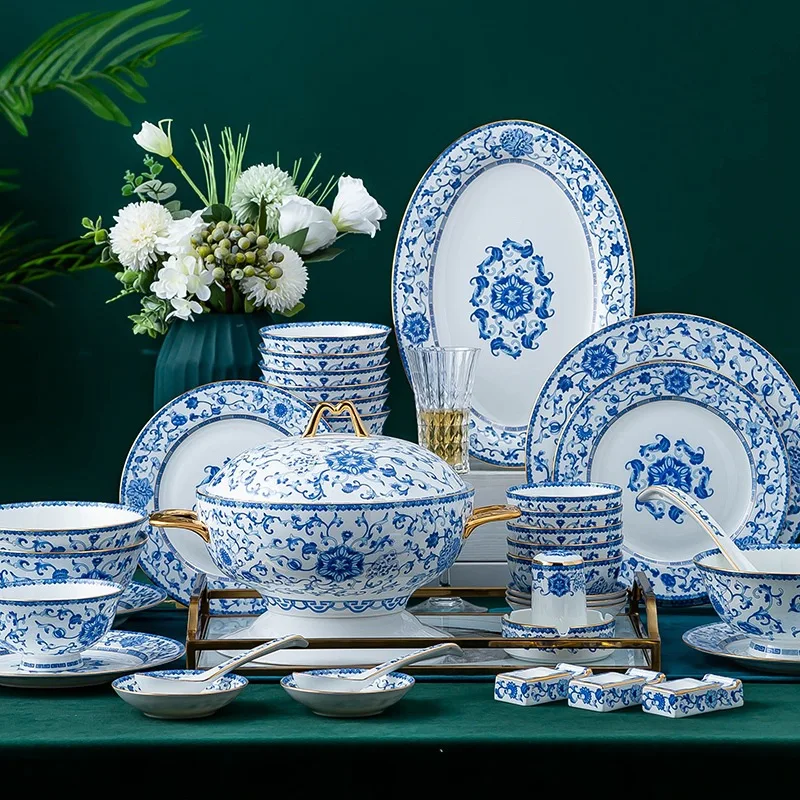 

80 pieces Jingdezhen Tableware Set High-grade Dinnerware Set Bone China Bowl Dishes Ramen Plates Chinese Chopsticks Dinner Set