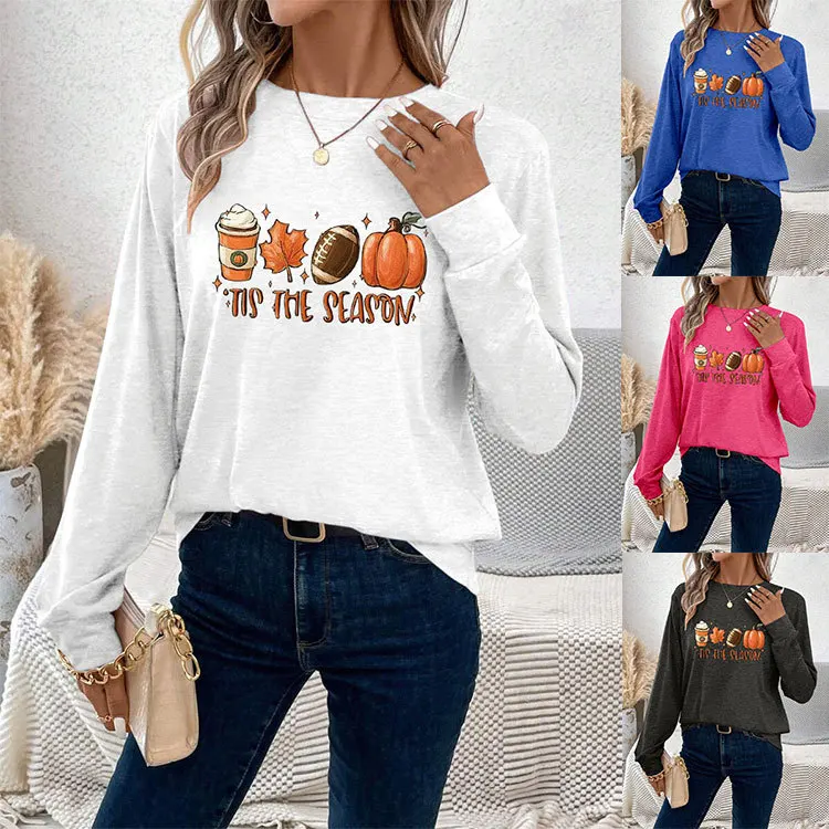 

Autumn women's T-shirt TIS THE SEASON pumpkin print long-sleeved T-shirt casual loose crew neck top with all fashion pullover