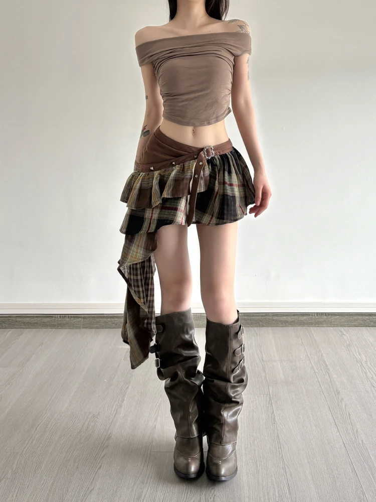 

Плед-юбка Amyway с высокой талией в стиле ретро, с рюшами по подолу и бантом на поясе для молодых женщин, лето 2023 г.