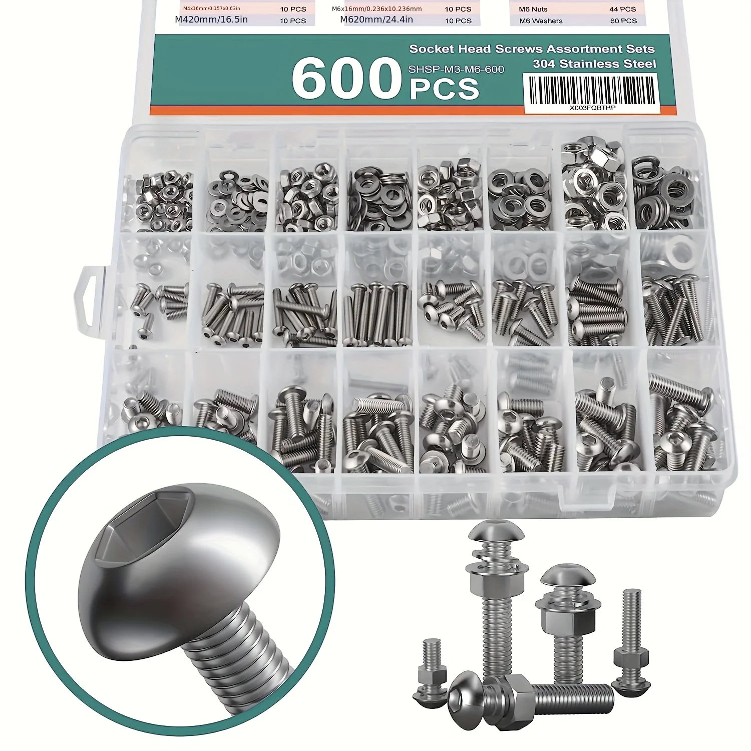 

600PCS M3 M4 M5 M6 Stainless Steel Hexagon Socket Ball Screws, Nuts, washers Combination SetIncluding 16 Most Common Sizes