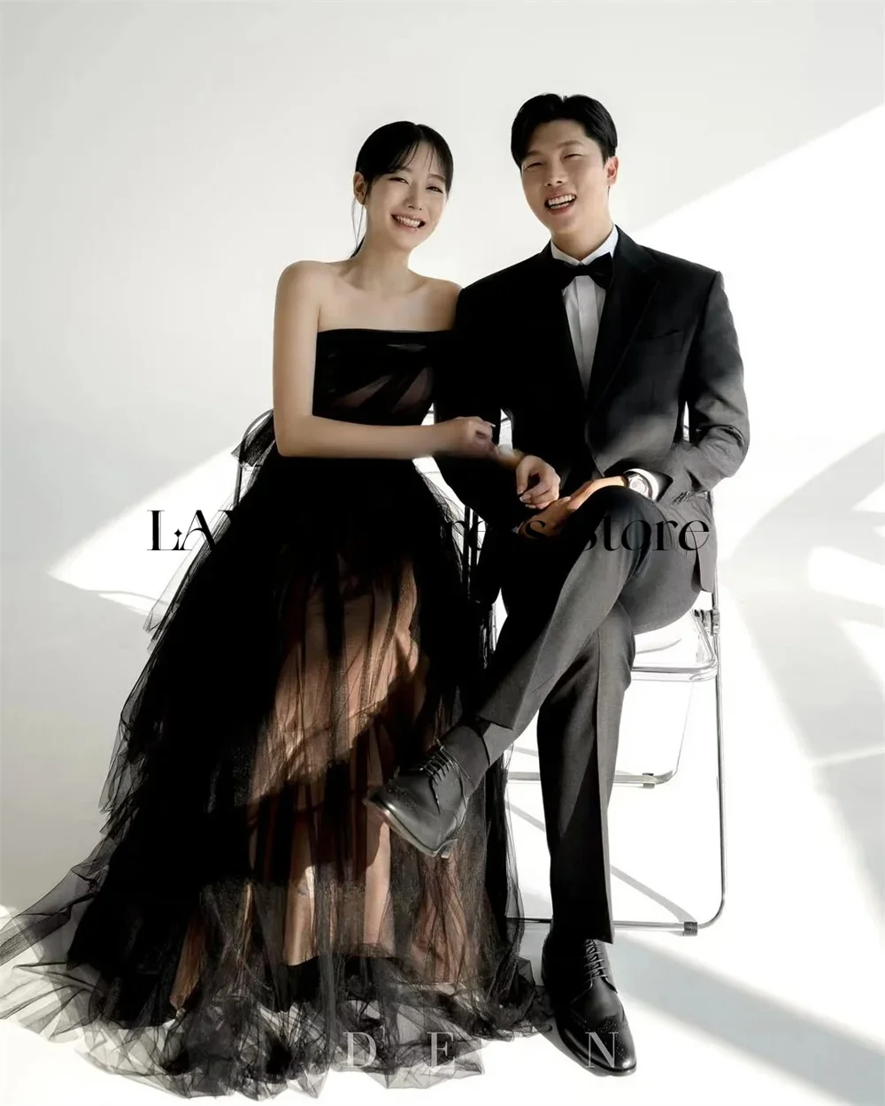 Modern Strapless Contrast Color Korea Wedding Party Dress Tulle Black Brown Prom Dresses Floor Length Evening Gown Customized