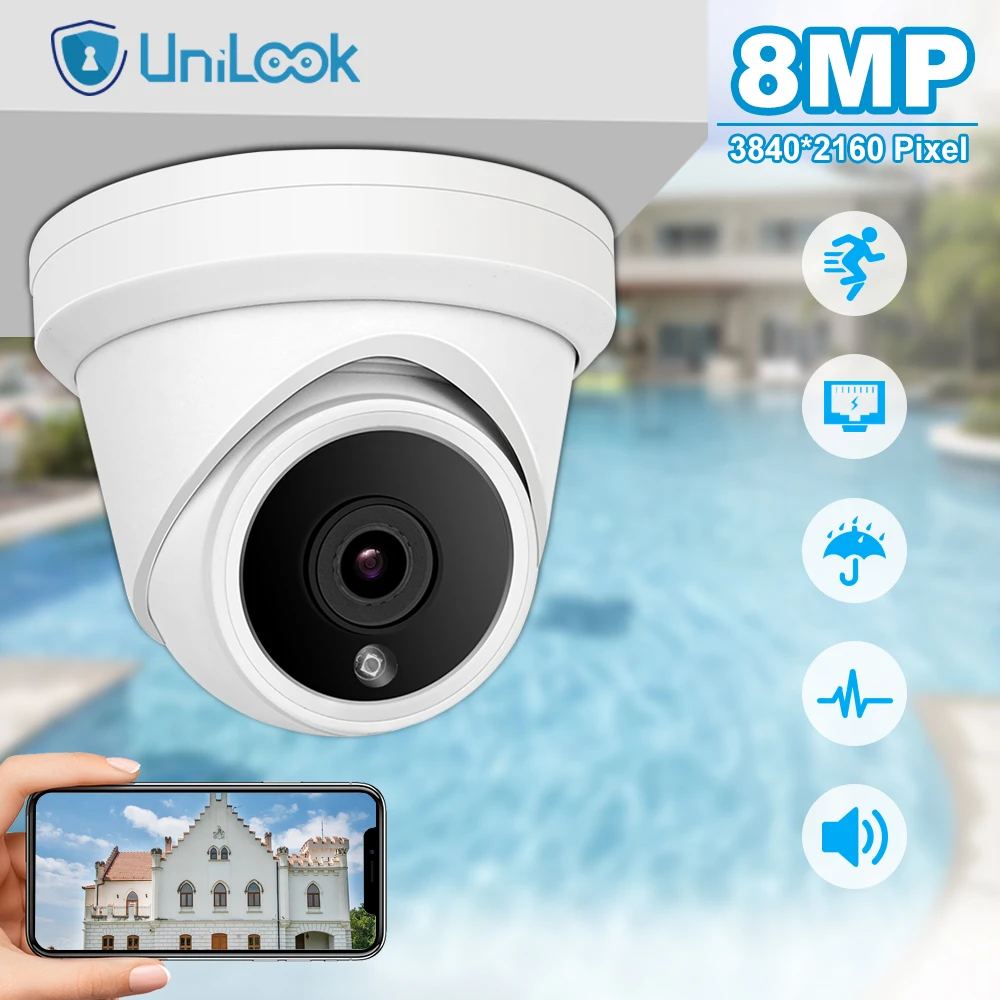 UniLook 8MP 4K IP Camera Built in Microphone Outdoor POE Security Camera IP66 Night Vision IR 30m P2P H.265