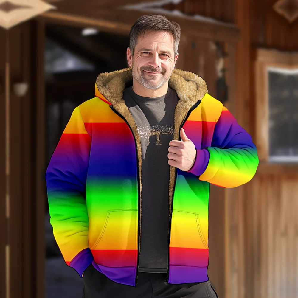 Men's Winter Jackets Coats,Rainbow Color Patchwork Colorful Pattern Cotton Clothes Overcoat Zippered Normcore Traveling