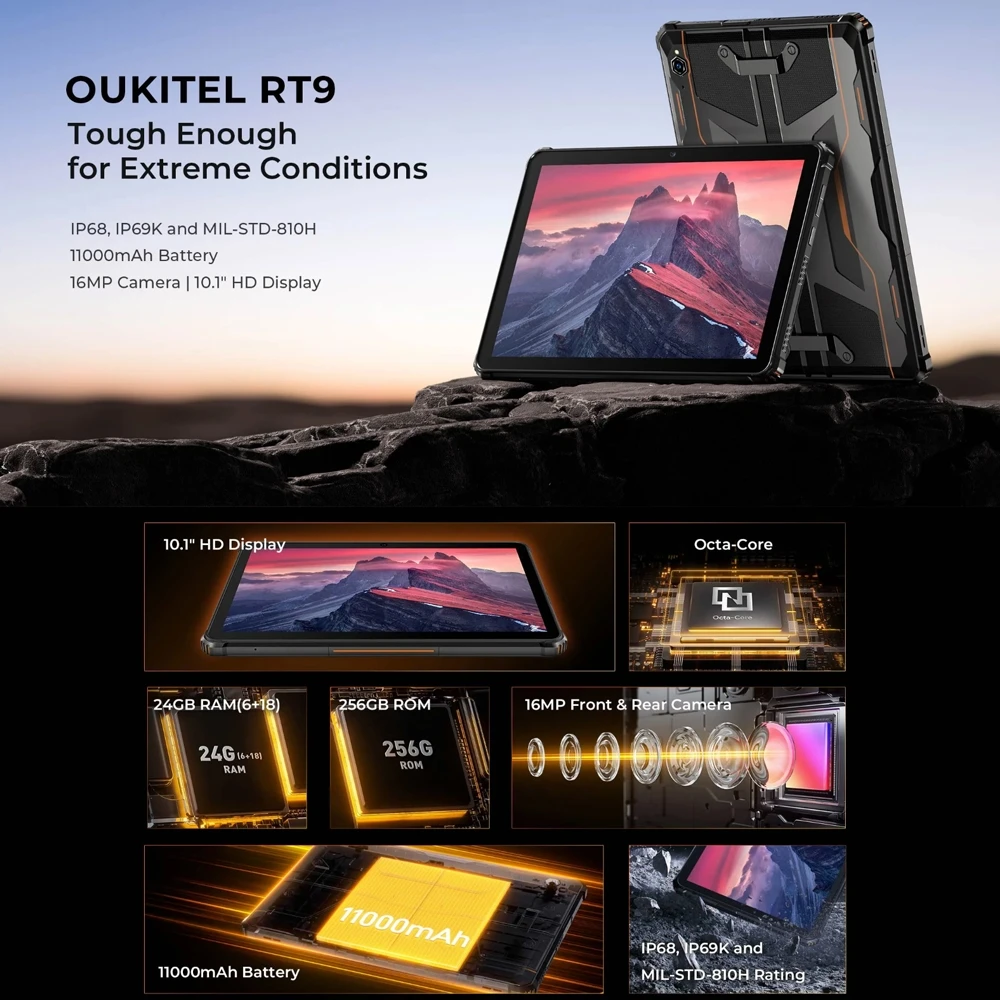 تابلت OUKITEL RT9 متين 6 جيجابايت + 256 جيجابايت 10.1 بوصة شاشة عالية الدقة أندرويد 14 Unisoc T606 ثماني النواة يدعم شريحة مزدوجة 11000 مللي أمبير في الساعة IP68 كمبيوتر لوحي