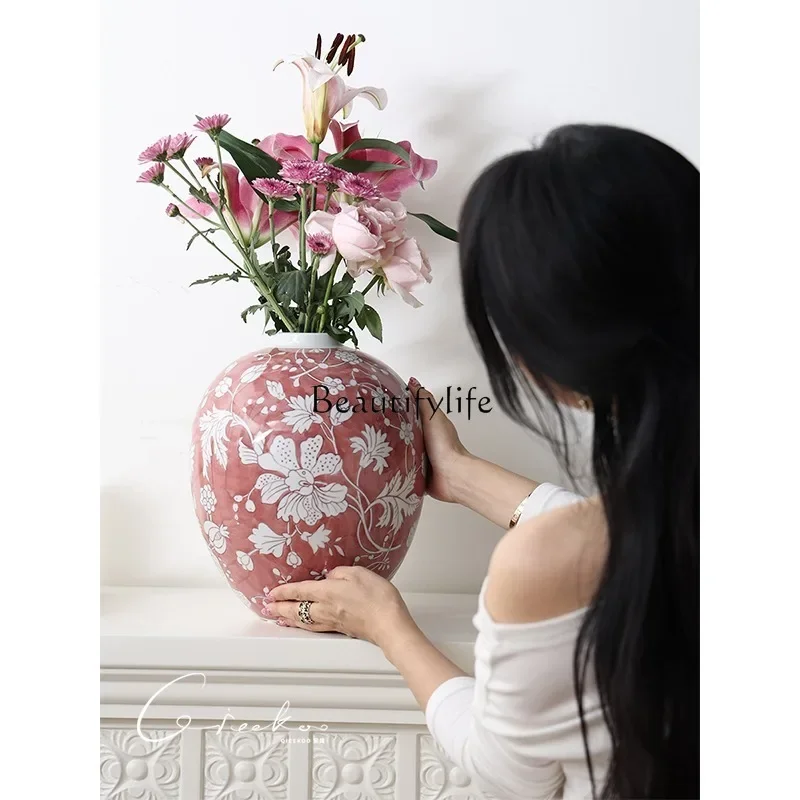 Poppy underglaze colored big belly ceramic vase living room entrance ornament