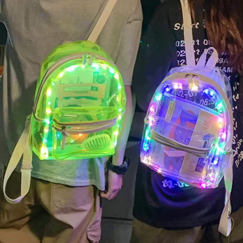 LED Lights Unisex Backpack PVC Transparent Clear Backpack Harajuku School Bag Girl Boys Lumious Night Outdoor Travel Bag New