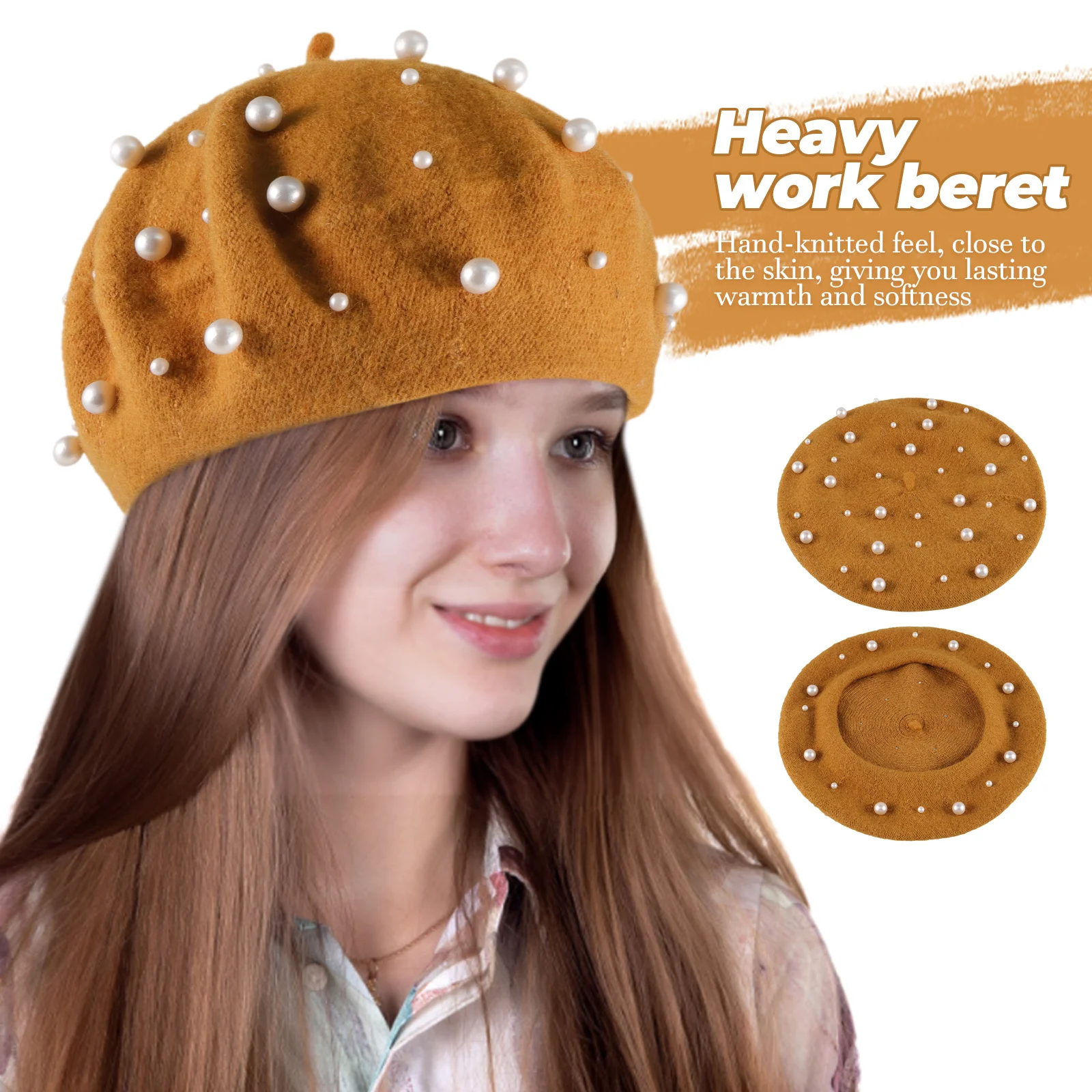 

Women'S Pearl Beret Autumn Winter Cashmere Heavy Work Foldable Wool Beanie Stylish Warm Accessory For Outdoor Ginger
