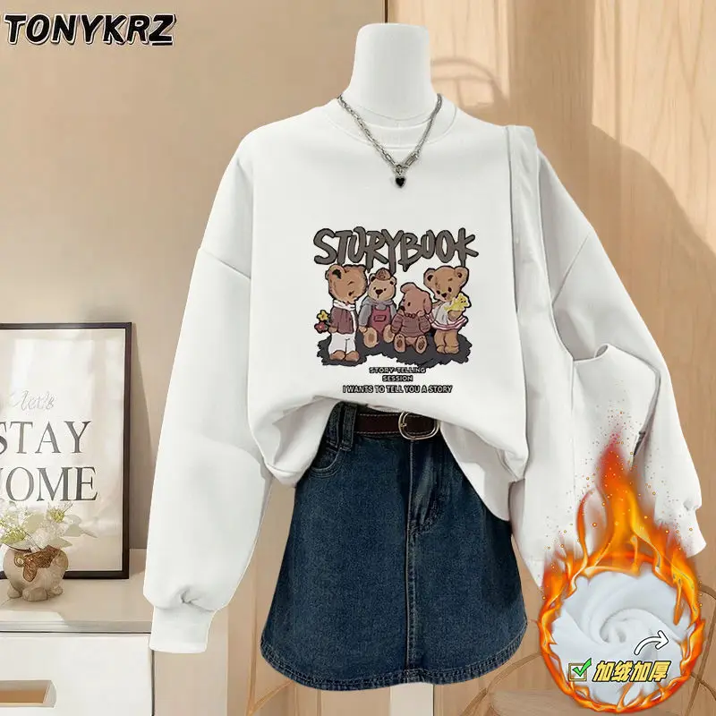 Round Neck Hoodie for Women Trendy with Loose Velvet and Hong Kong Style Retro Chic Top