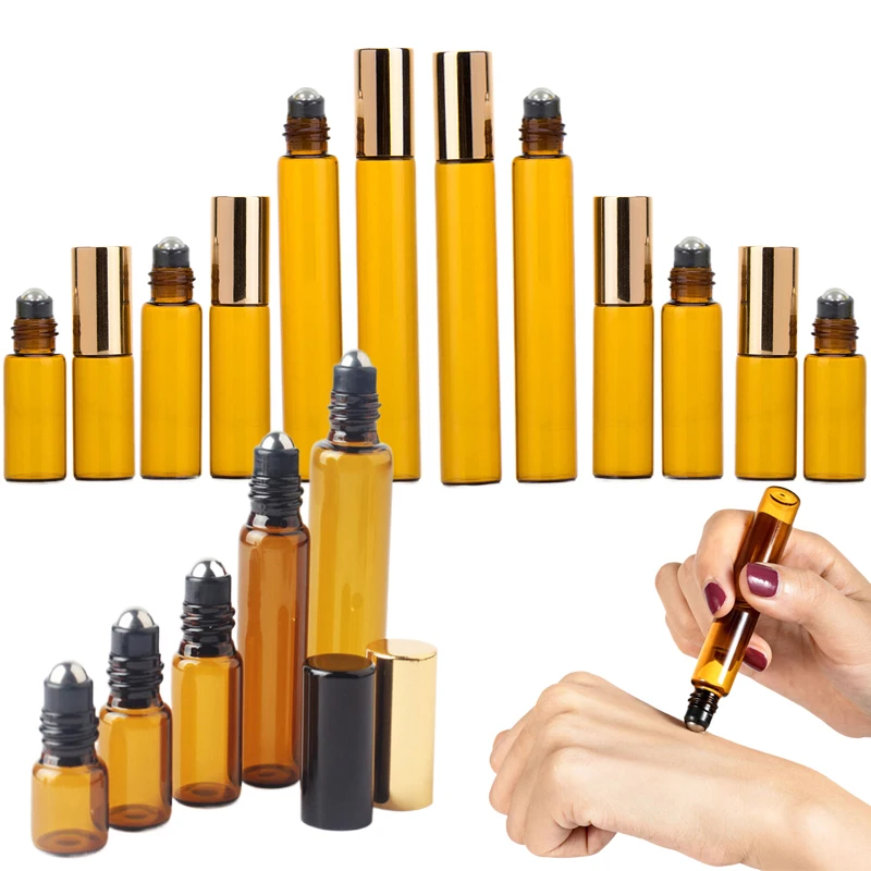 

100Pcs Empty 1ml-10ml Essential Oil Roller Bottles Amber Glass Roll-on Bottle Stainless Steel Balls For Aromatherapy Perfume