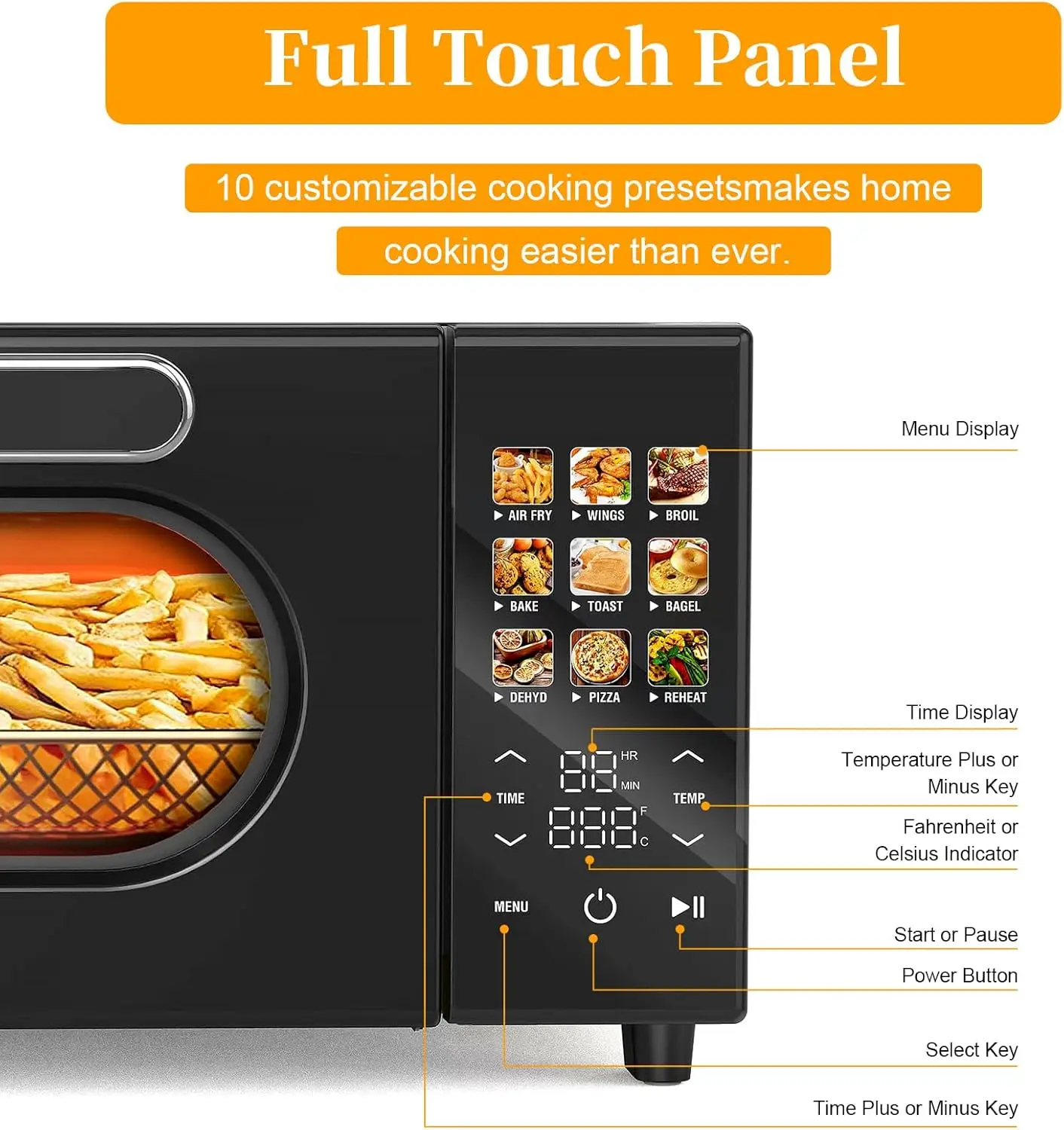 فرن محمصة حرارية 10 في 1، 15 لتر، 1800 وات، شاشة LCD تعمل باللمس، مقلاة هوائية، مجفف، 4 ملحقات، أسود #2