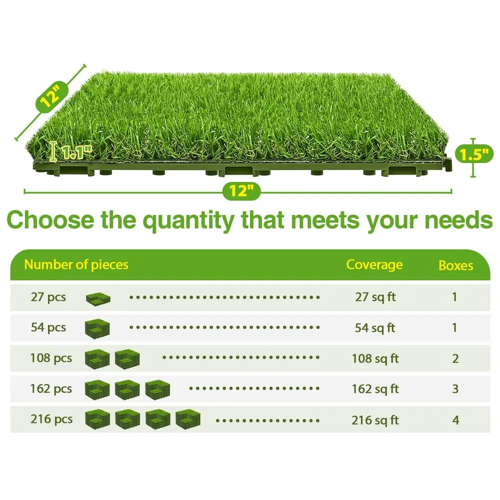 

PCS Interlocking Artificial Grass Tiles 12 x 12 Outdoor Fake Grass Turf Tiles with Drainage Holes, Grass Squares Deck Flooring