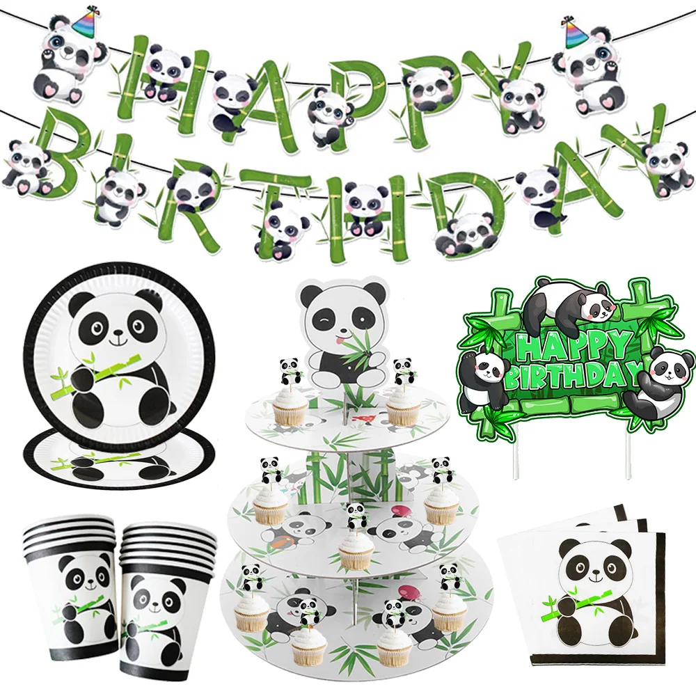 Набор бумажной посуды для вечеринки в виде панды, тарелки, подставка для чашки, держатель для кексов, баннер, воздушный шар для детей, товары для украшения дня рождения с пандой