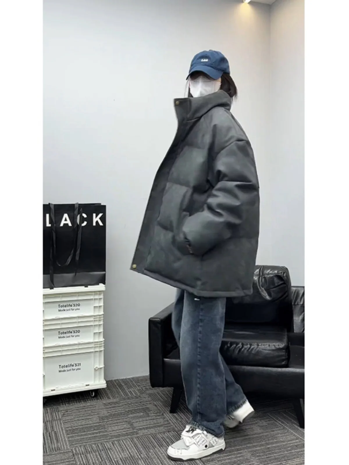 

Thiened High Street Stand Collar Men's Jaet American Sle Cotton PU Leather Coat Youth Faionable Winter Outerwear