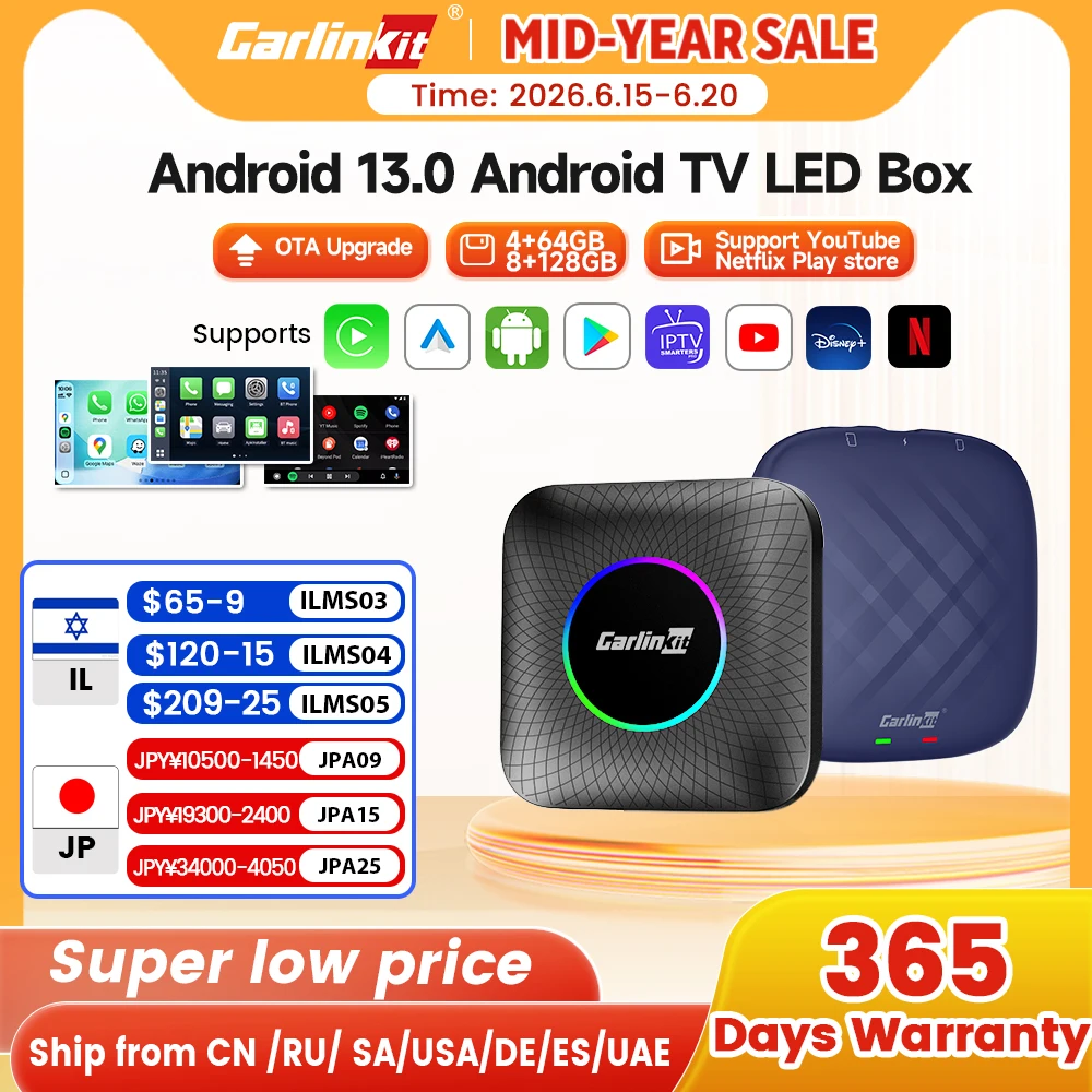 Carlinkit Ai Box Android 13 Led Wireless Android Auto & CarPlay Smart Tv Box QCM6225 Obsługa Youtube Netflix Akcesoria samochodowe