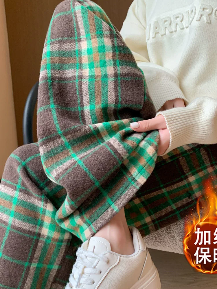 

2025 New Autumn Winter Plaid Woolen Casual Pants Men's Thick Warm Loose Trousers Male Fashion Long Wide-leg Pant