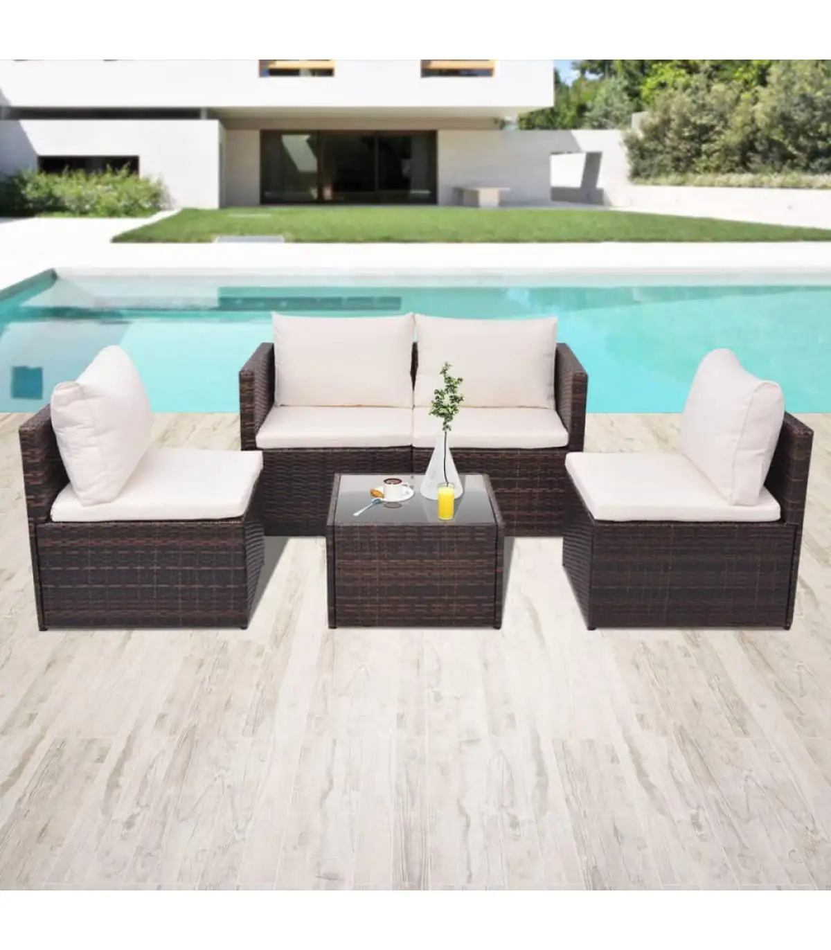 Garden sets Set garden furniture 5 pieces and cushions synthetic brown rattan