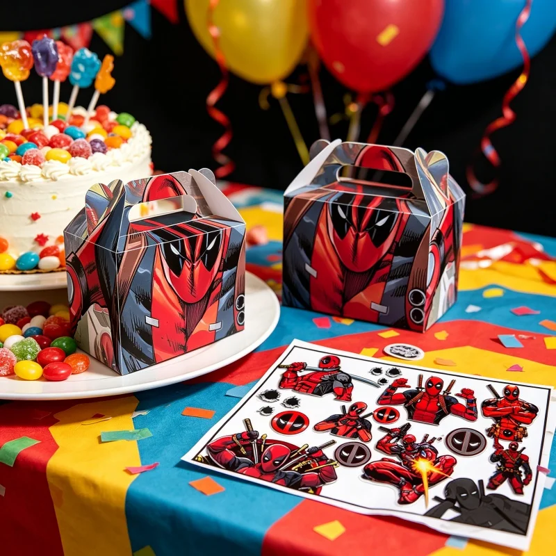 Sacs et boîtes cadeaux en papier rectangulaires portables à motif de dessin animé Deadpool, thème festival, pour pique-nique, bonbons et faveurs