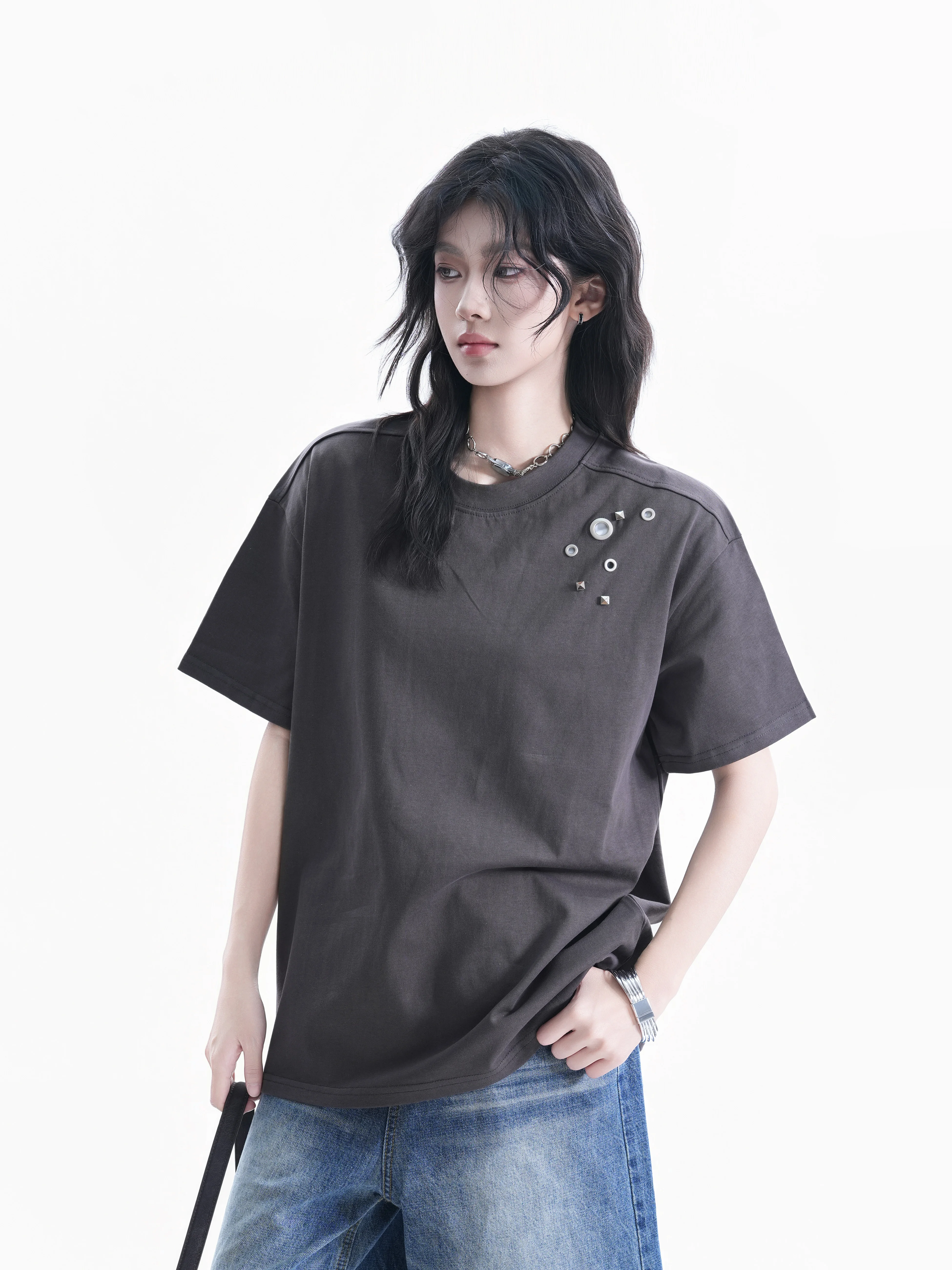 

Retro American Metal Rivet Short Sleeve T-Shirt Women Loose High Street Trendy Brand Couples Match Upper Cotton round Neck
