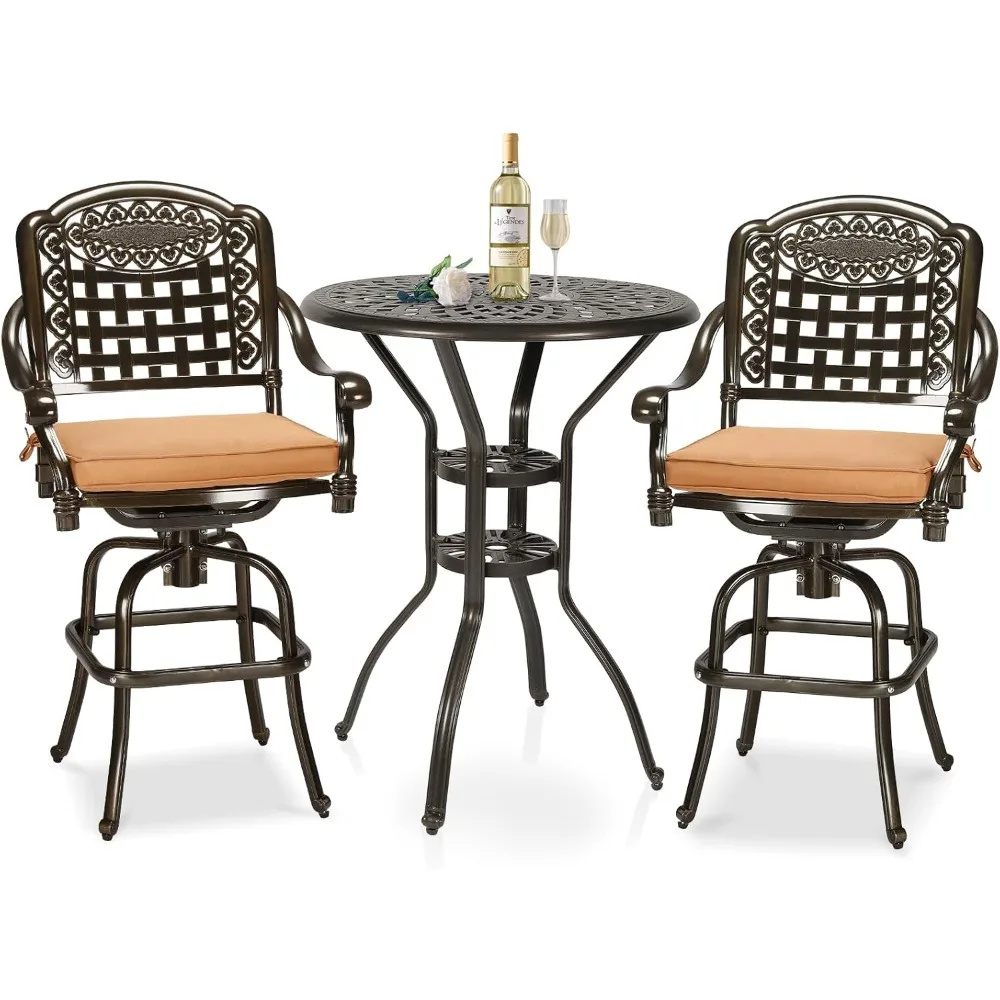 

3-Piece Patio Swivel Bar Set, High Top Bar Table & Chairs, All-Weather Cast Aluminum Swivel Bar Stools (2) & 31" Table, Patio Bi