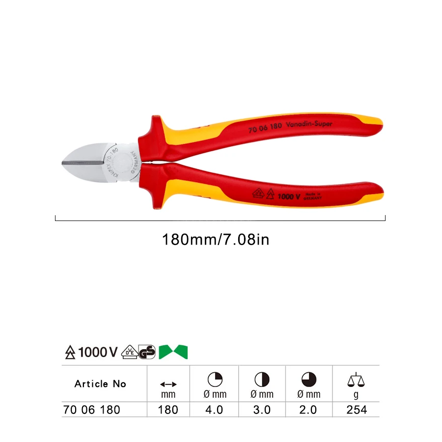 KNIPEX 70 06 180 Insulated Diagonal Pliers 1000V with Precision Cutting Edges for Soft and Hard Wire 180mm