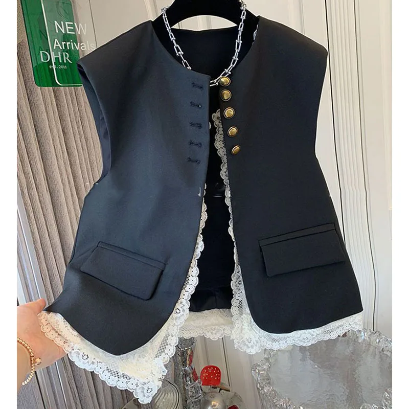 Lace Patchwork Women Vest Korean O Neck Casual Sleeveless Jackets 2024 Female Loose Waistcoat Vintage Chic Tops Women Clothing