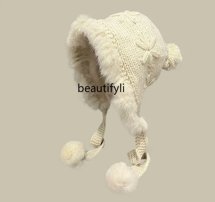 

Handmade knitted rabbit fur Japanese sweet winter cute hairball wool hat thermal ear cap