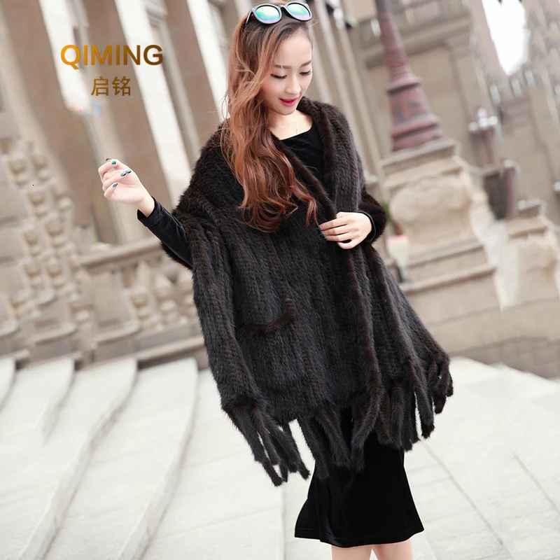 Women Real Mink Fur Shawl Knitted Big Size With Tassels Female Real Fur Capes and Wraps Pashmina Luxury Winter Scarf Coats