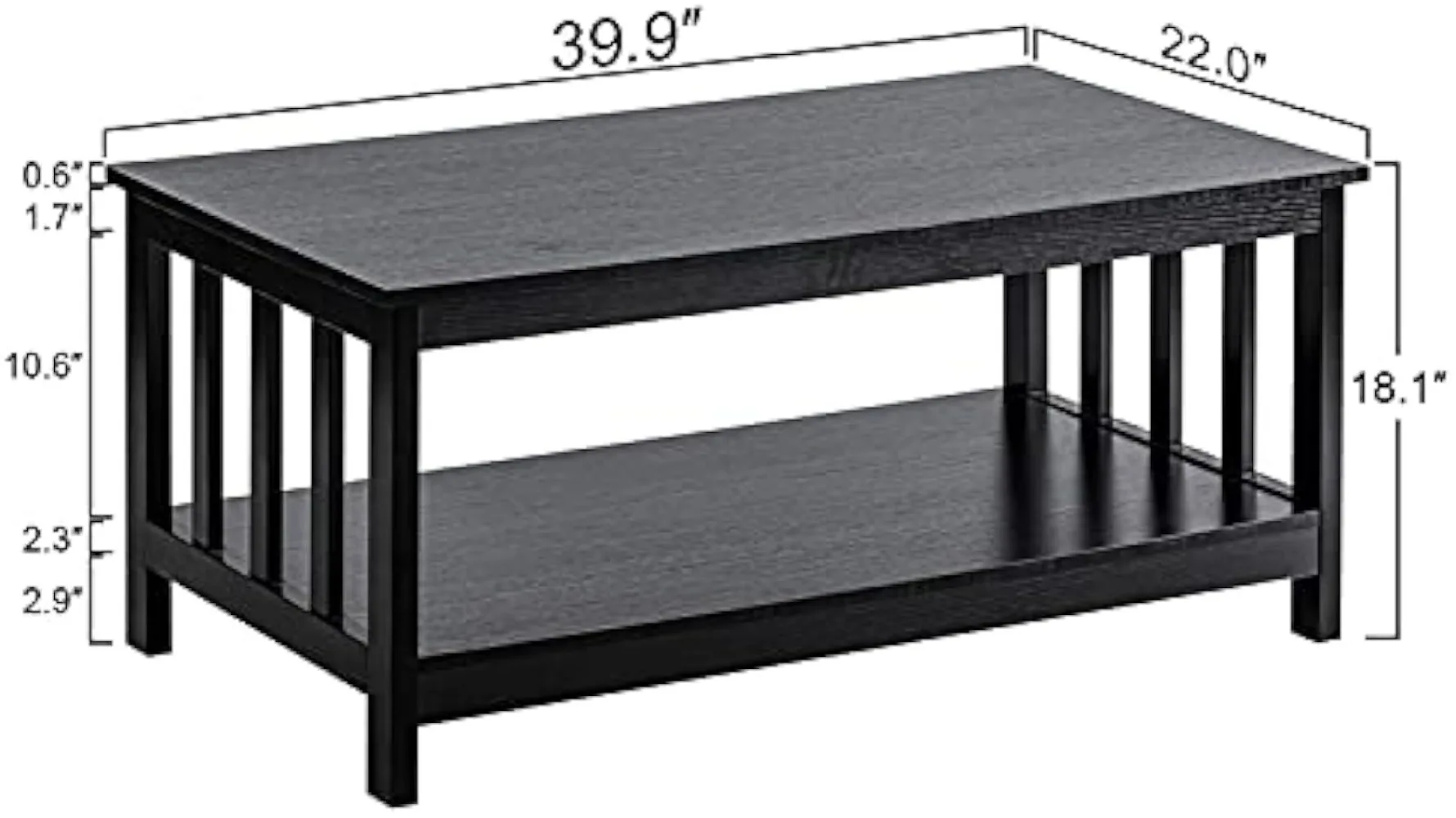 ChooChoo Mission Coffee Table, Black Wood Living Room Table with Shelf, 40 Black