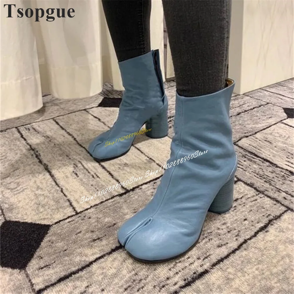 Western Style Mid Calf Yellow Leather Tabi Boots Chunky High Heel Shoes For Women Split Toe 2024 Fashion Zapatos Para Mujere