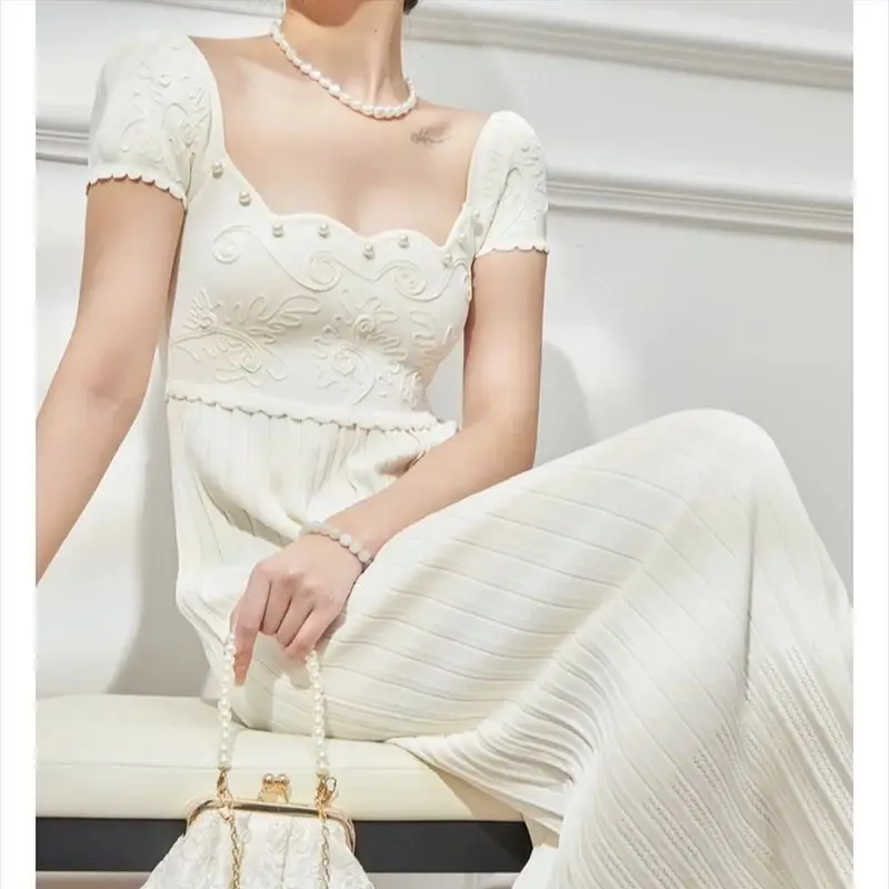 Pearl Beading Knitted Dress For Women's Summer New Retro Square Neck Short Sleeved Slim Fit Pleated Long Dress Party Robe Q995