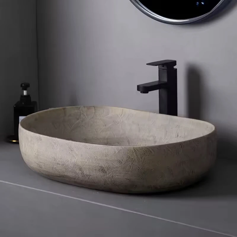 Round Vintage Embossed Concrete Bathroom Sink Above Counter Handmade Cement Wash Basin Retro Textured Vessel Basin For Hotel Bal