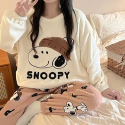Snoopy Women's New Creative Cartoon Pattern Letter Print Casual Comfortable Warm Thick Flannel Home Clothes Set Holiday Gift