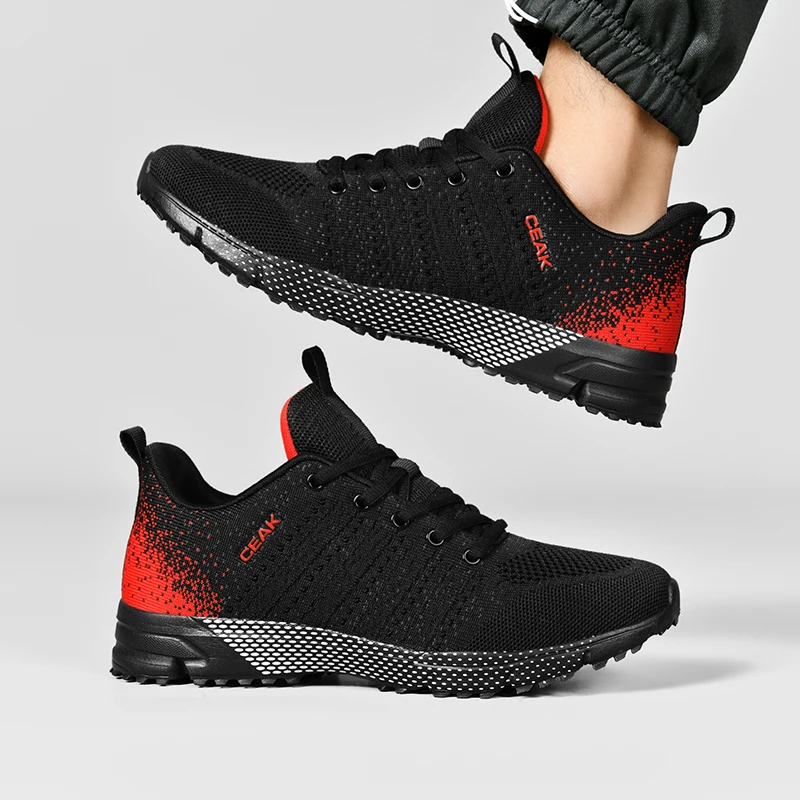 

Горячая распродажа: Модные черно-красные мужские кроссовки для бега, большие размеры до 48, удобные, с плетеным верхом, спортивные мужские кроссовки для активного отдыха и пробежек