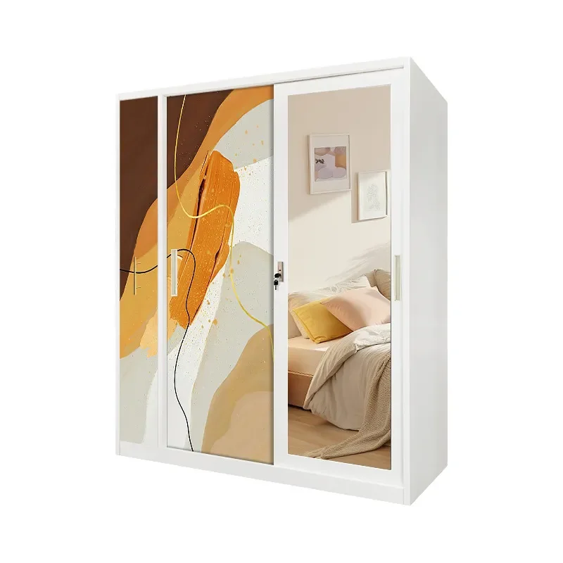 Printed Steel Wardrobe Sliding Door Metal Locker Bedroom Home Storage Cabinet Clothes Organizer Space Saving Rust Proof
