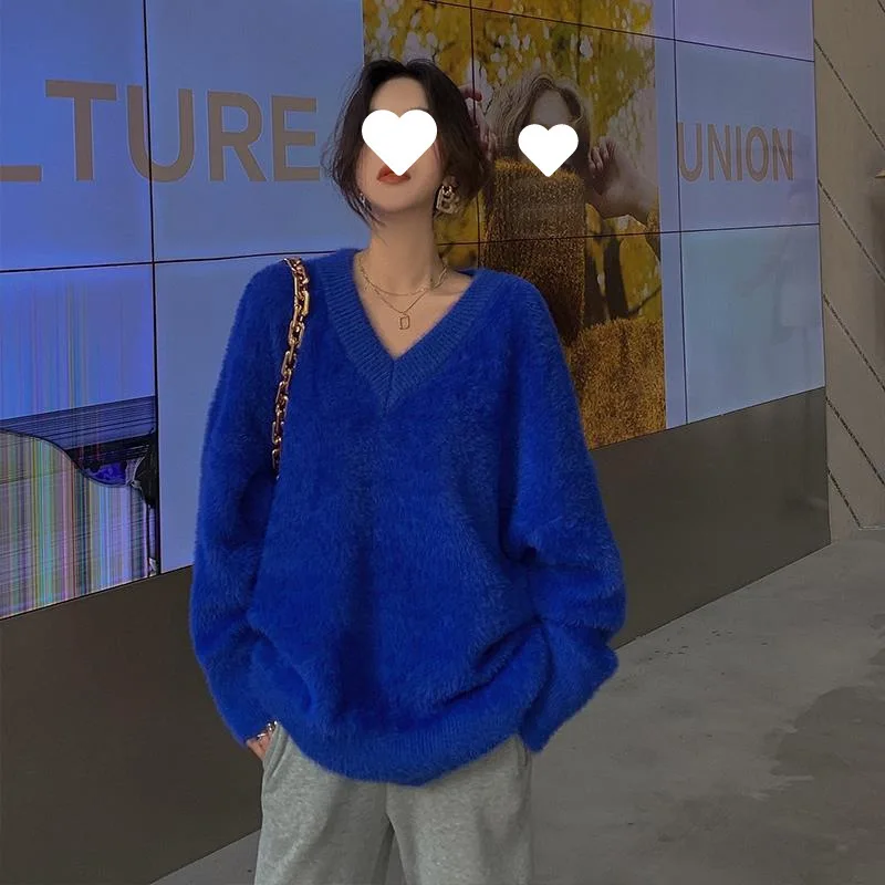 Pelliccia di visone per donna, lunga autunno inverno nuova, versione coreana, ampia e spessa, stile pigro, giacca con scollo a V, tendenza maglione lavorato a maglia